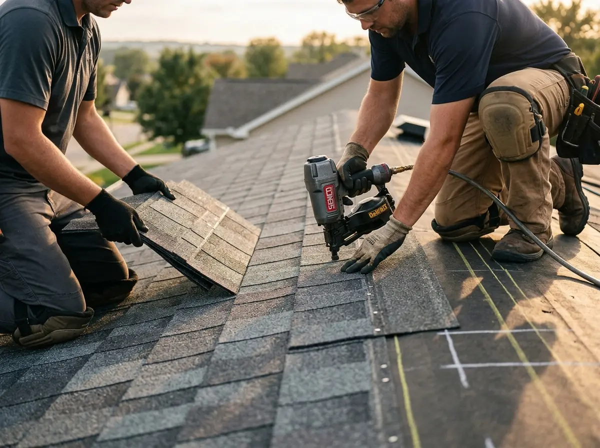 Professional roofer working on a residential roof in Warsaw